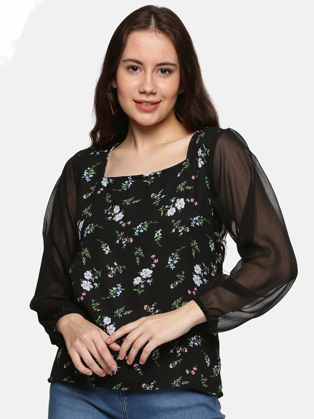 GLORY & I Black Floral Print Georgette Top