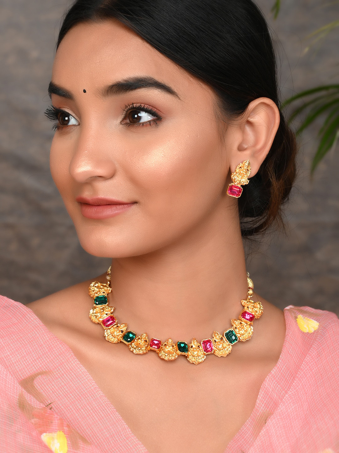 Silvermerc Designs Gold-Plated Stone Studded Laxmi Temple Jewellery Set