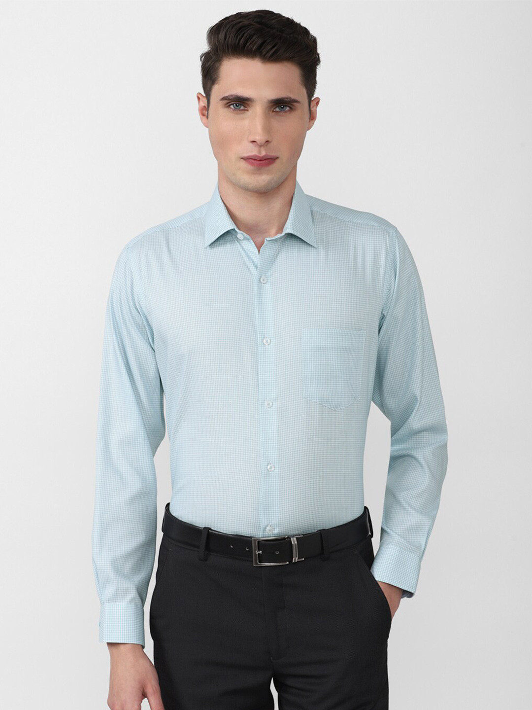 Van Heusen Men Green & Blue Micro Checks Printed Pure Cotton Formal Shirt