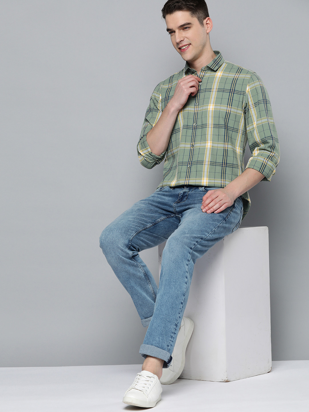 Mast & Harbour Men Sage Green & Yellow Tartan Checks Pure Cotton Casual Shirt