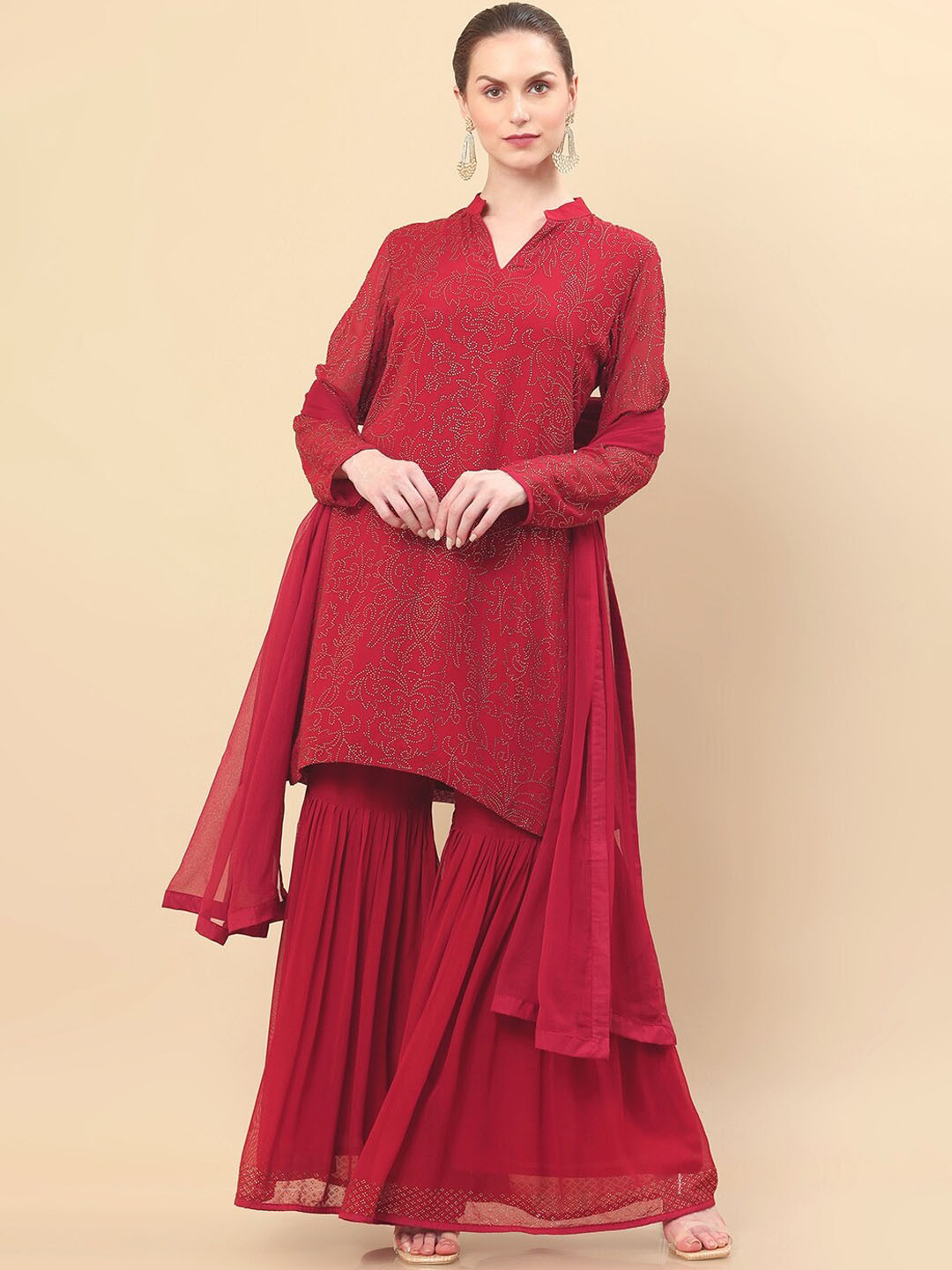 Soch Women Red Floral Embroidered Beads and Stones Kurta with Sharara & Dupatta