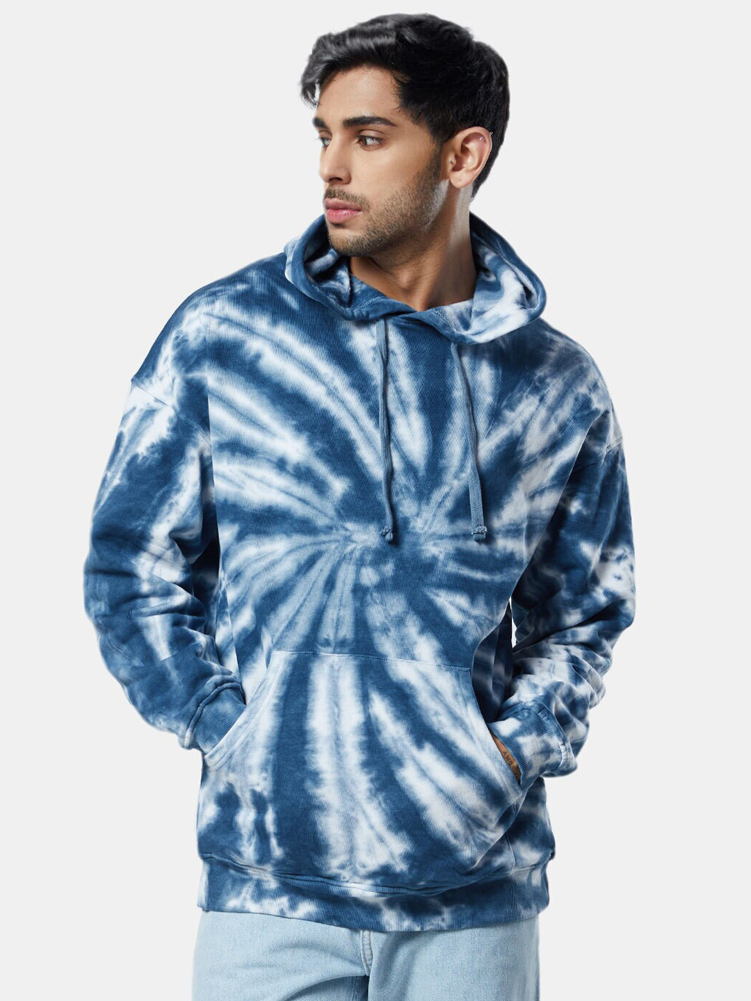 The Souled Store Men Tie & Dye Sapphire Swirl Pure Cotton Hooded Oversized Sweatshirt