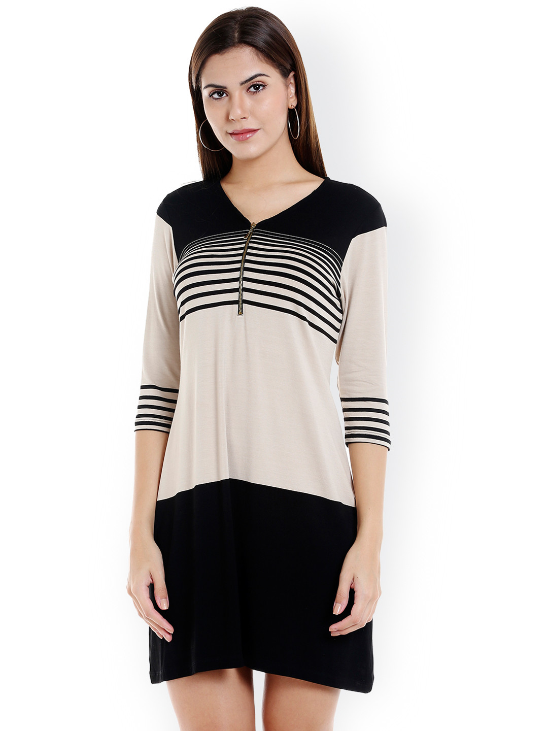 109F Women Beige & Black Striped A-Line Dress