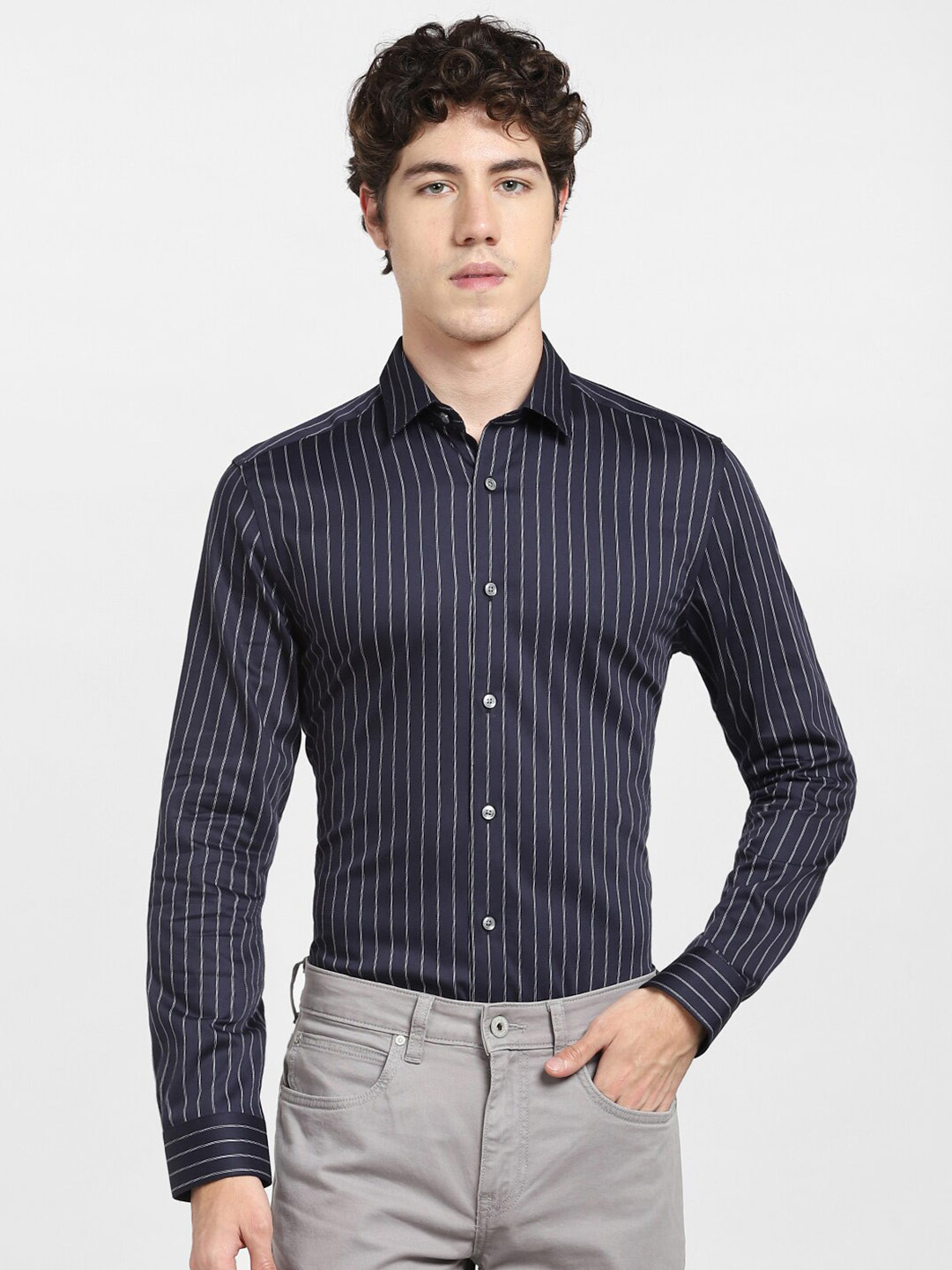 Jack & Jones Men Navy Blue Striped Semiformal Shirt