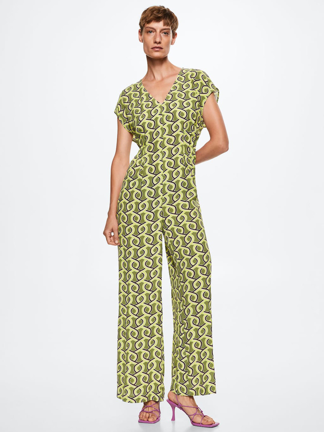 MANGO Green Printed Basic Jumpsuit