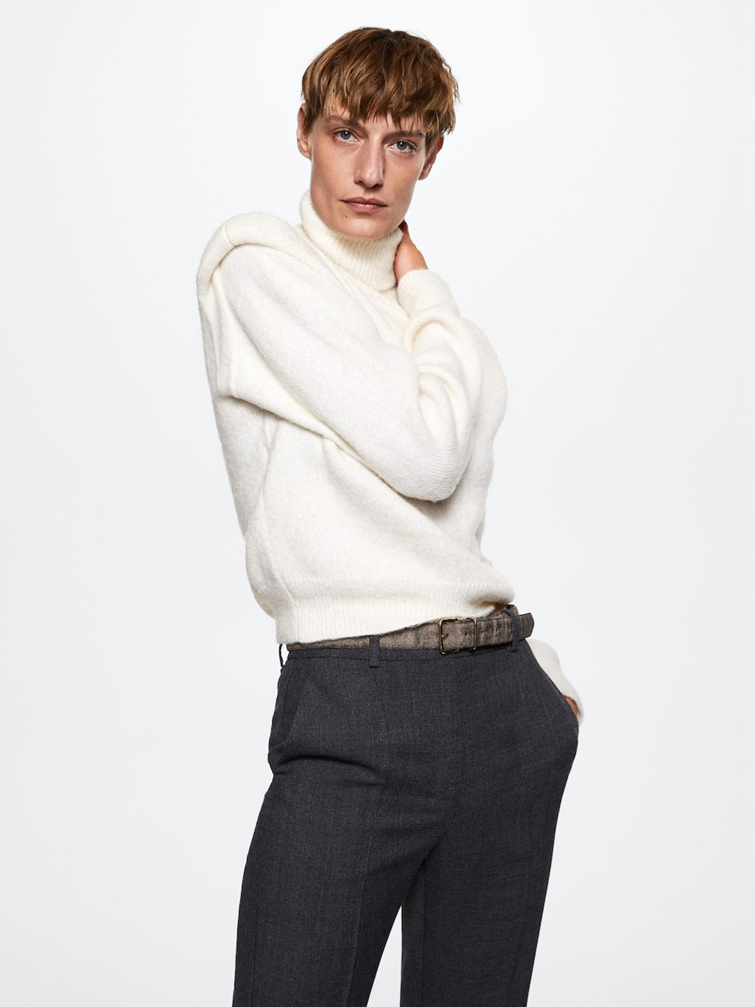 MANGO Women Off White Solid Pullover with Shoulder Pads