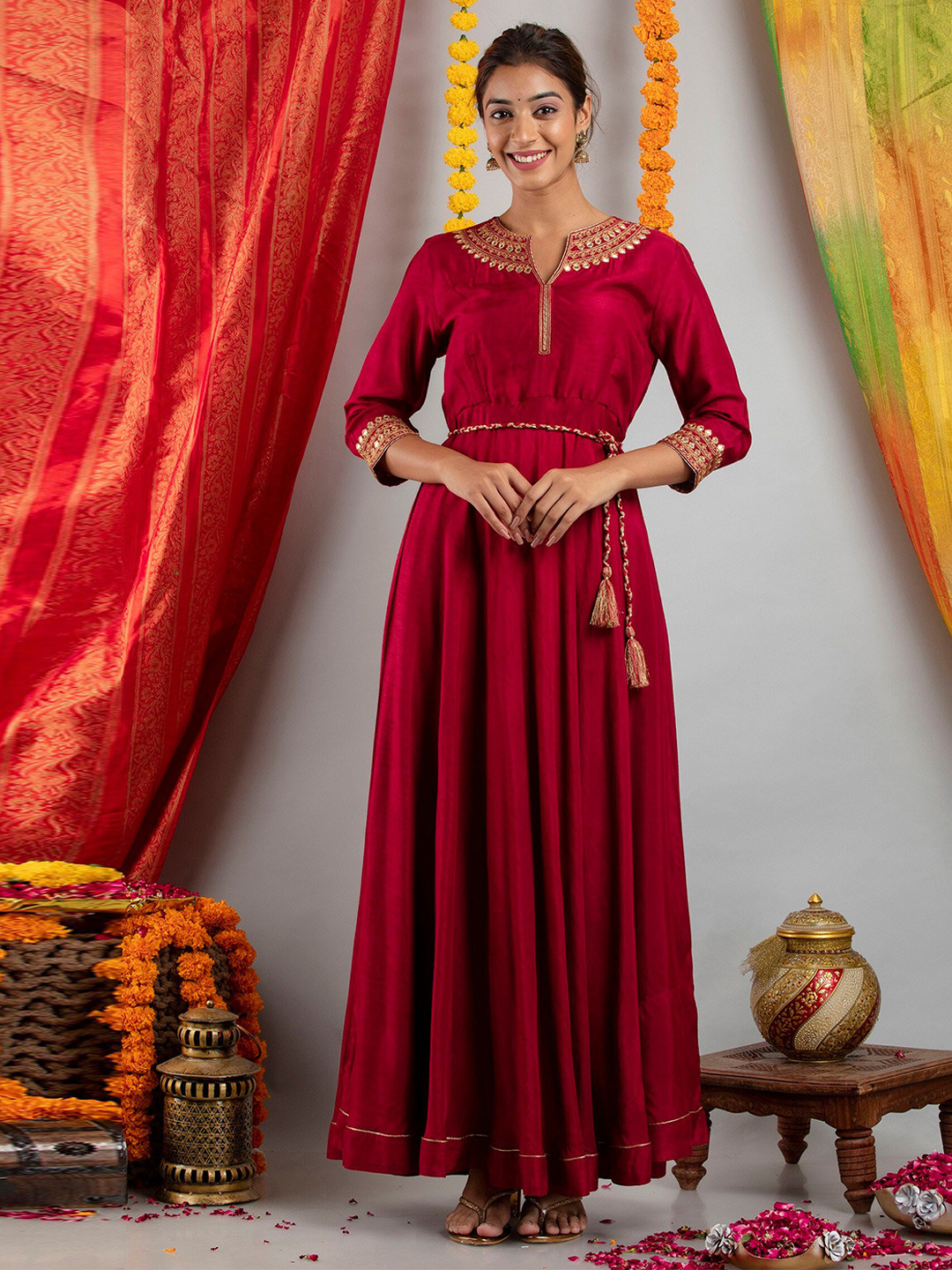 SUTI Maroon Mirror Work Embellished Maxi Ethnic Dress