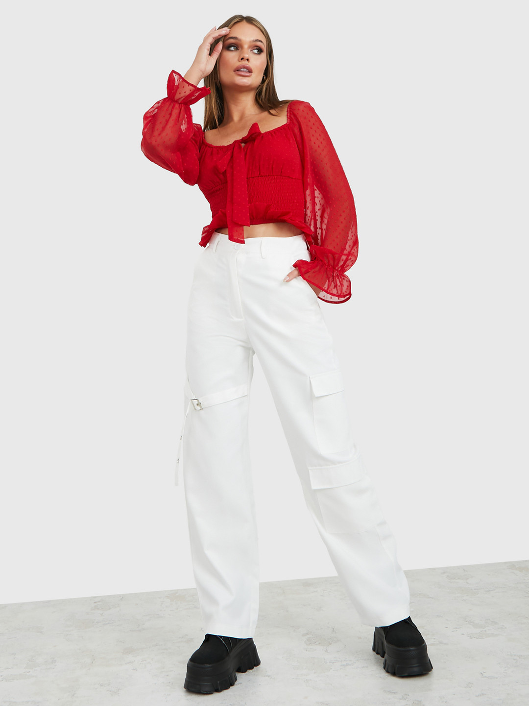 Styli Sweetheart Neck Swiss Dot Fitted Blouse