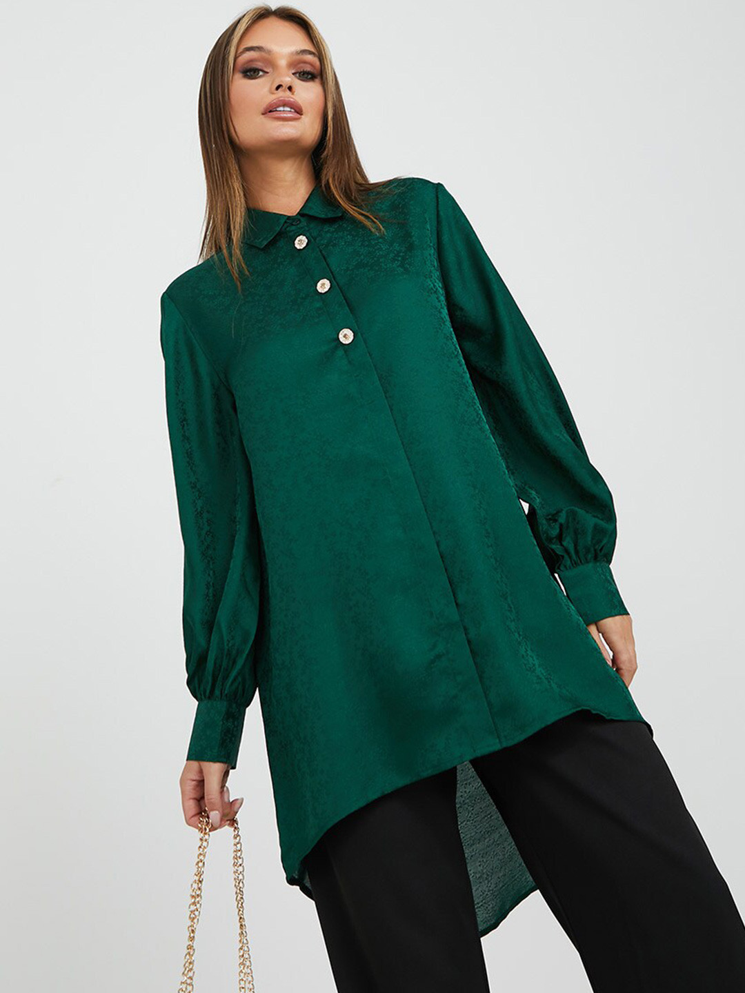 Styli Long Sleeves Floral Textured Jacquard Button Up Longline Shirt