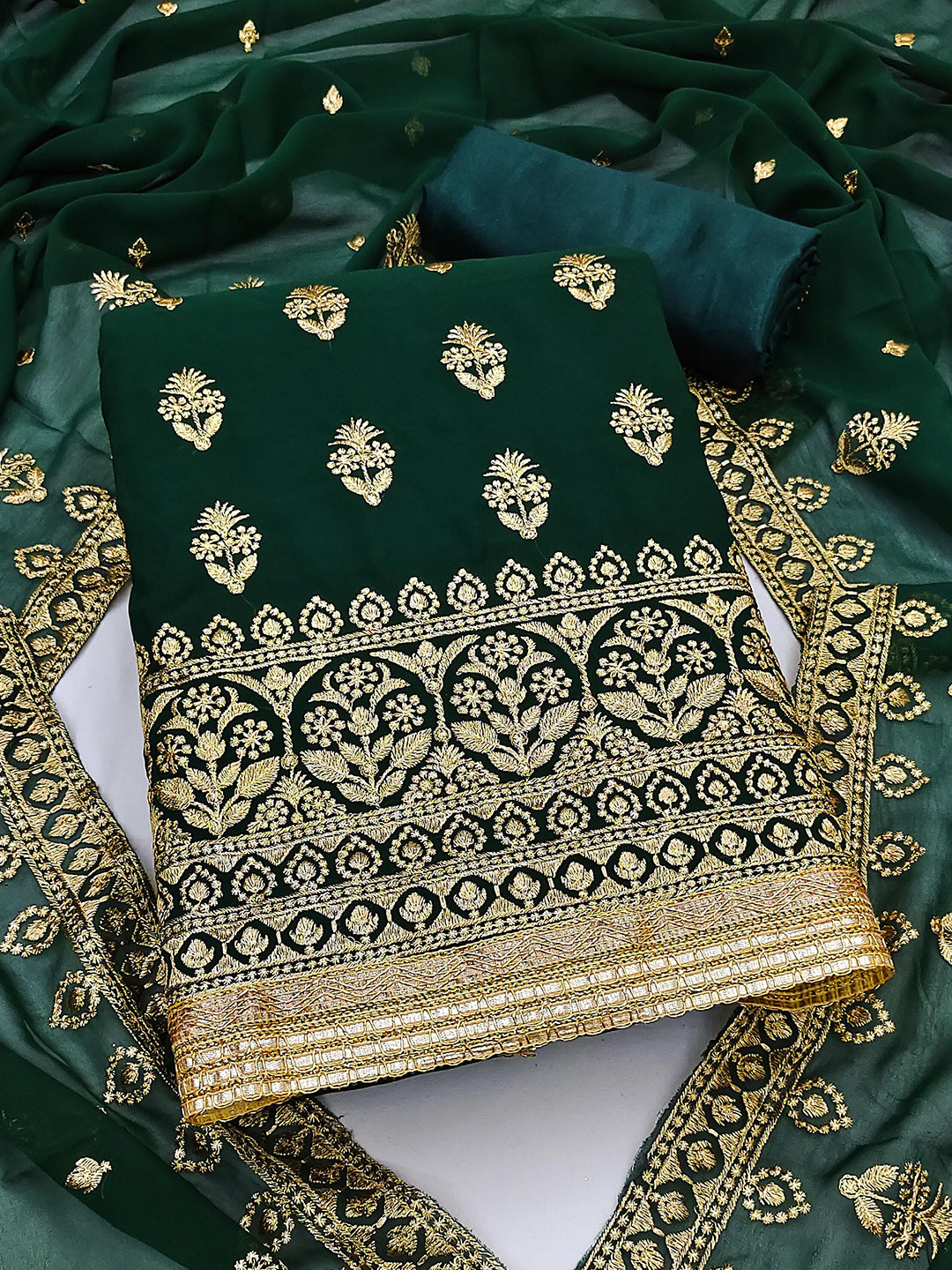 KALINI Green & Golden Embroidered Silk Georgette Unstitched Dress Material