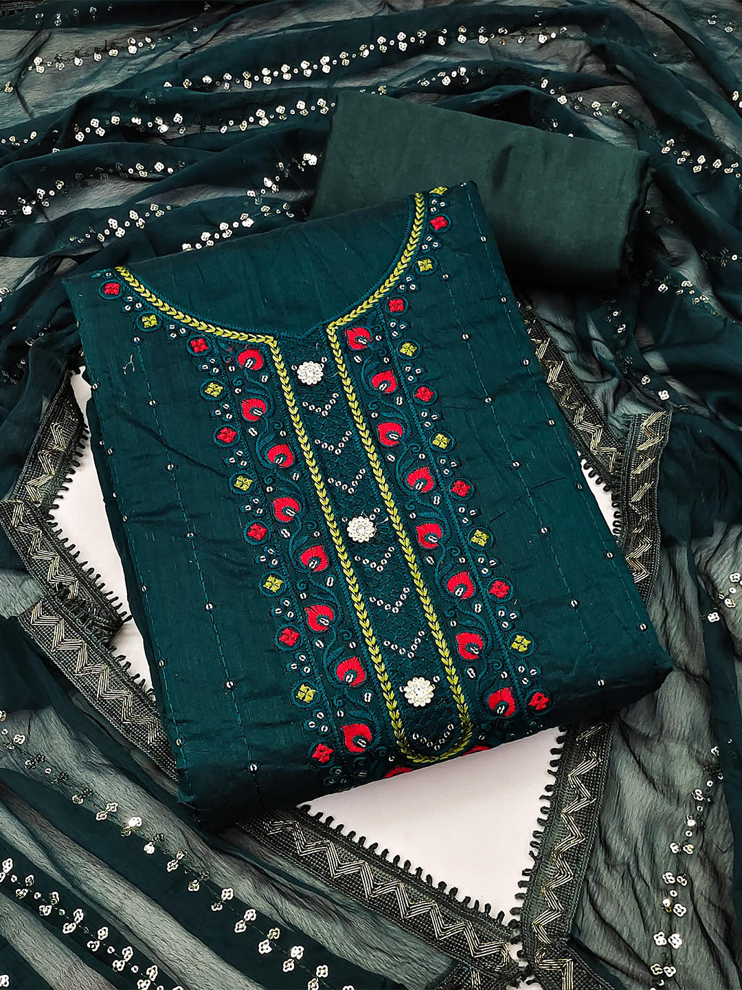 KALINI Women Green & Red Embroidered Unstitched Dress Material