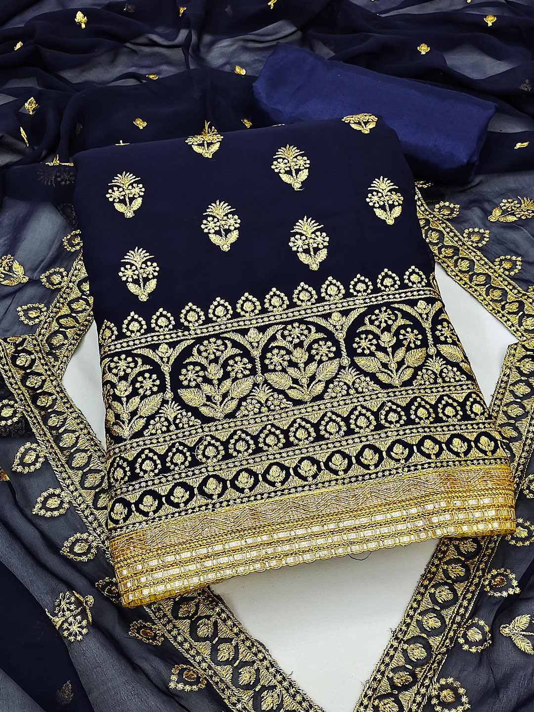 KALINI Navy Blue & Gold-Toned Embroidered Silk Georgette Unstitched Dress Material