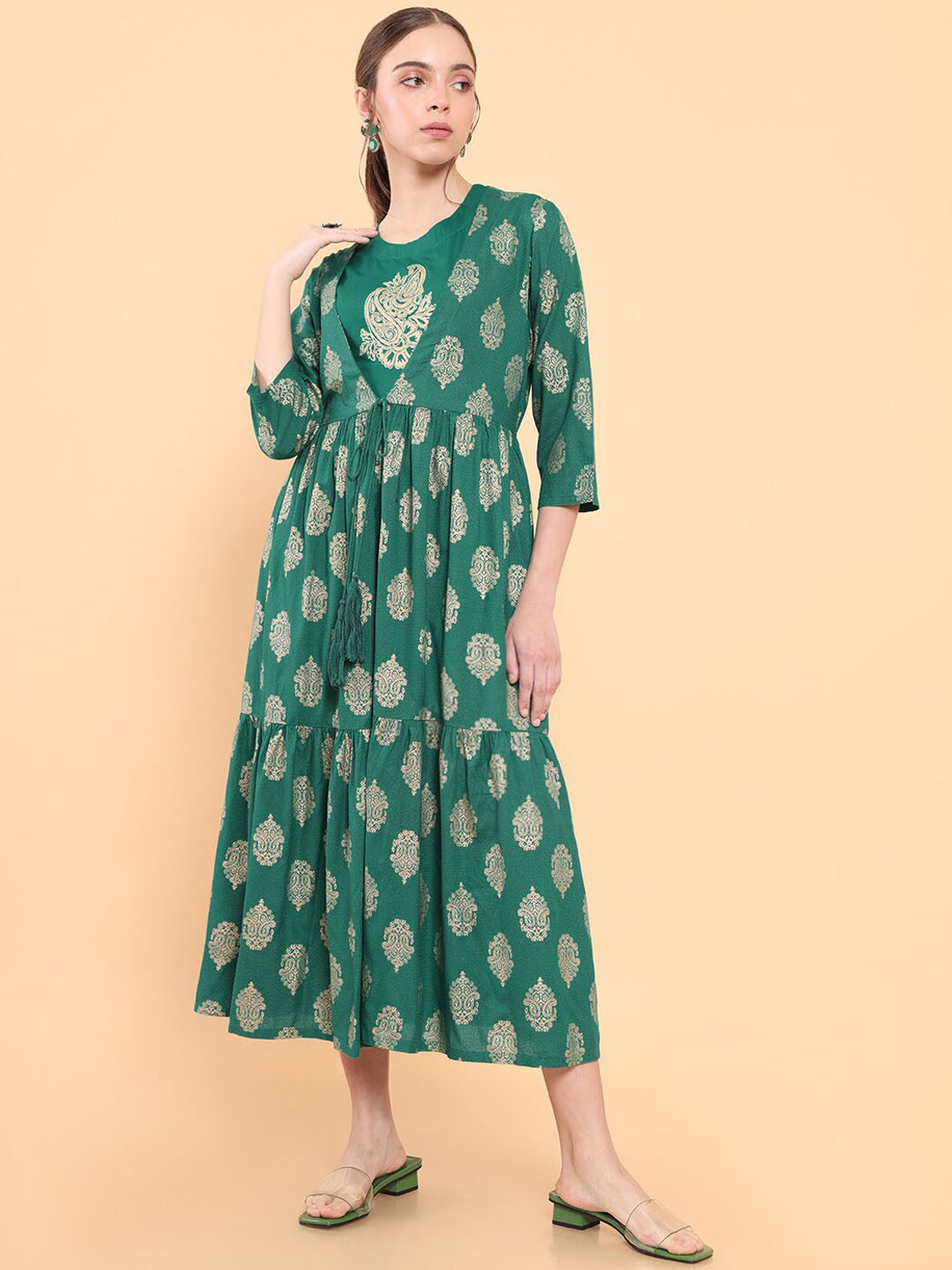 Soch Women Green & Gold Embroidered Jacquard Layered Ethnic Dresses