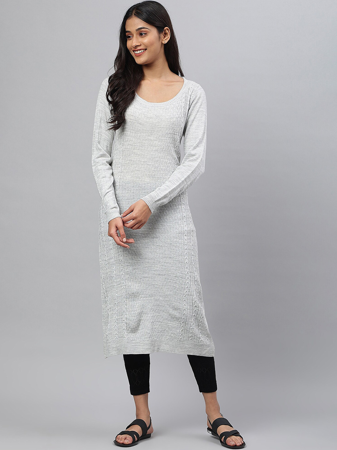 AURELIA Women Grey Woven Design Arcylic Kurta