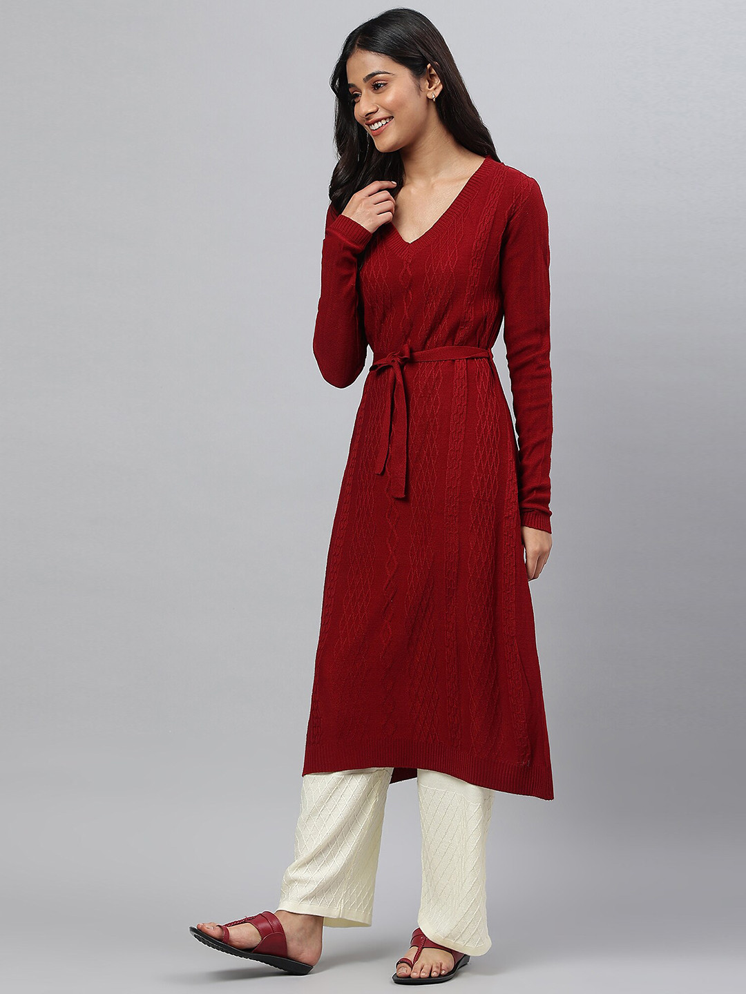 AURELIA Women Red Woven Design Open Knitted Kurta
