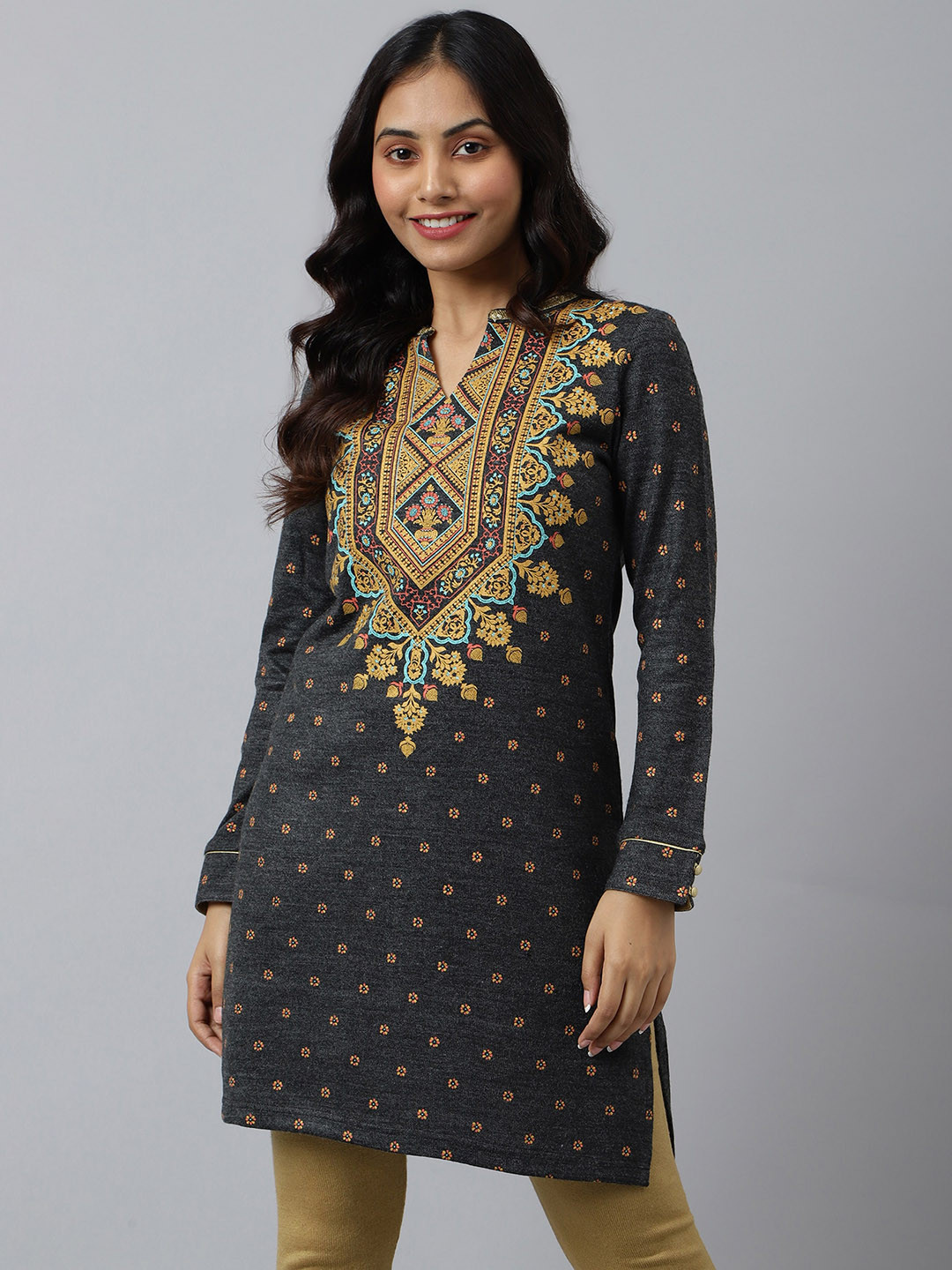 AURELIA Grey & Gold-Toned Ethnic Motifs Printed Yoke Design Acrylic Kurti