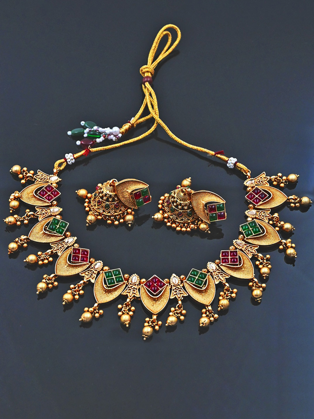 StileAdda Copper-Plated Red & Green Kundan Jewellery Set