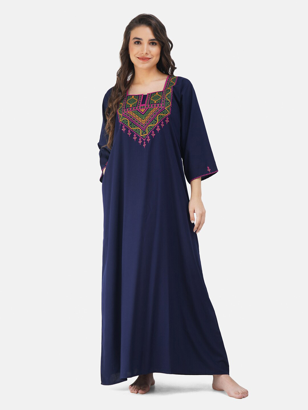 KOI SLEEPWEAR Women Navy Blue Embroidered Maxi Nightdress CHATAI FULL