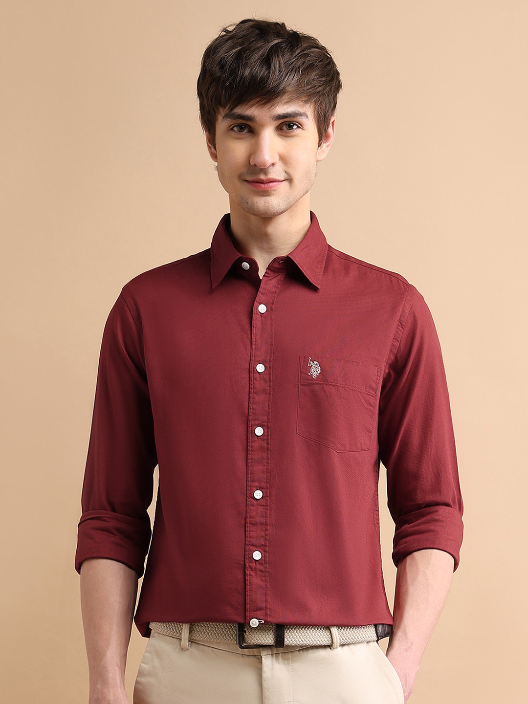U S Polo Assn Men Red Cotton Classic Everyday Shirt