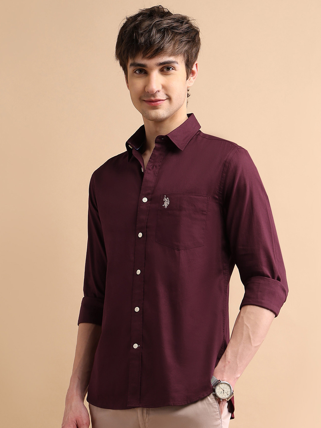 U S Polo Assn Men Maroon Cotton Classic Everyday Shirt