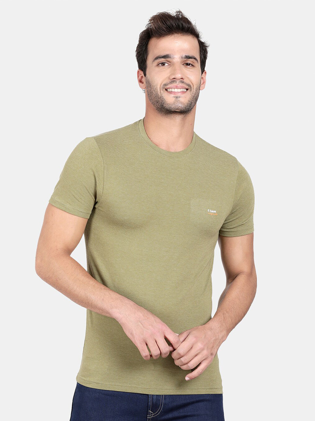 t-base Men Olive Green Striped Slim Cotton Fit T-shirt
