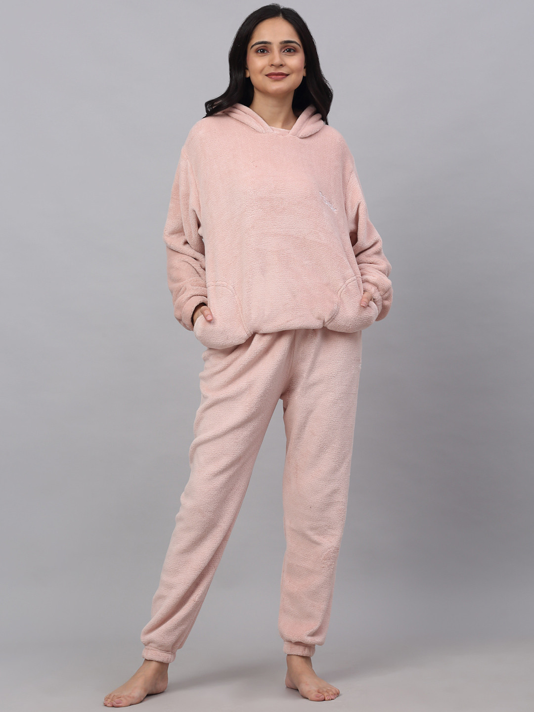 KLOTTHE Women Pink Solid Hooded Woolen Night suit