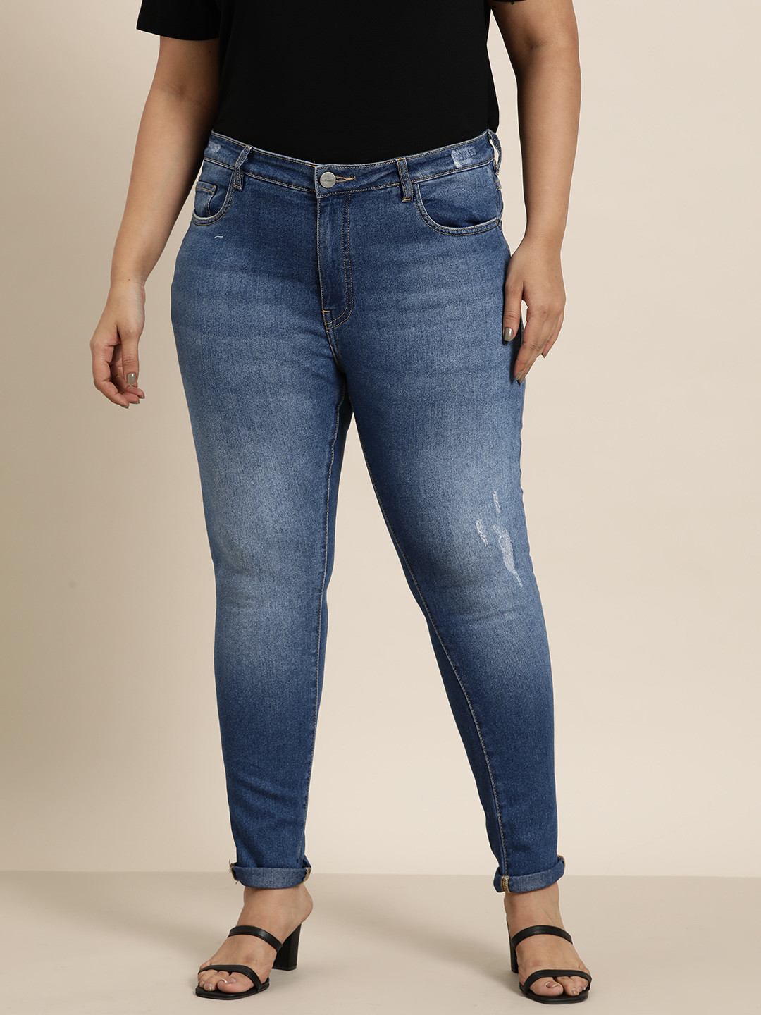 Sztori Women Plus Size  Skinny Fit Light Fade Stretchable Jeans with Tummy Tucker