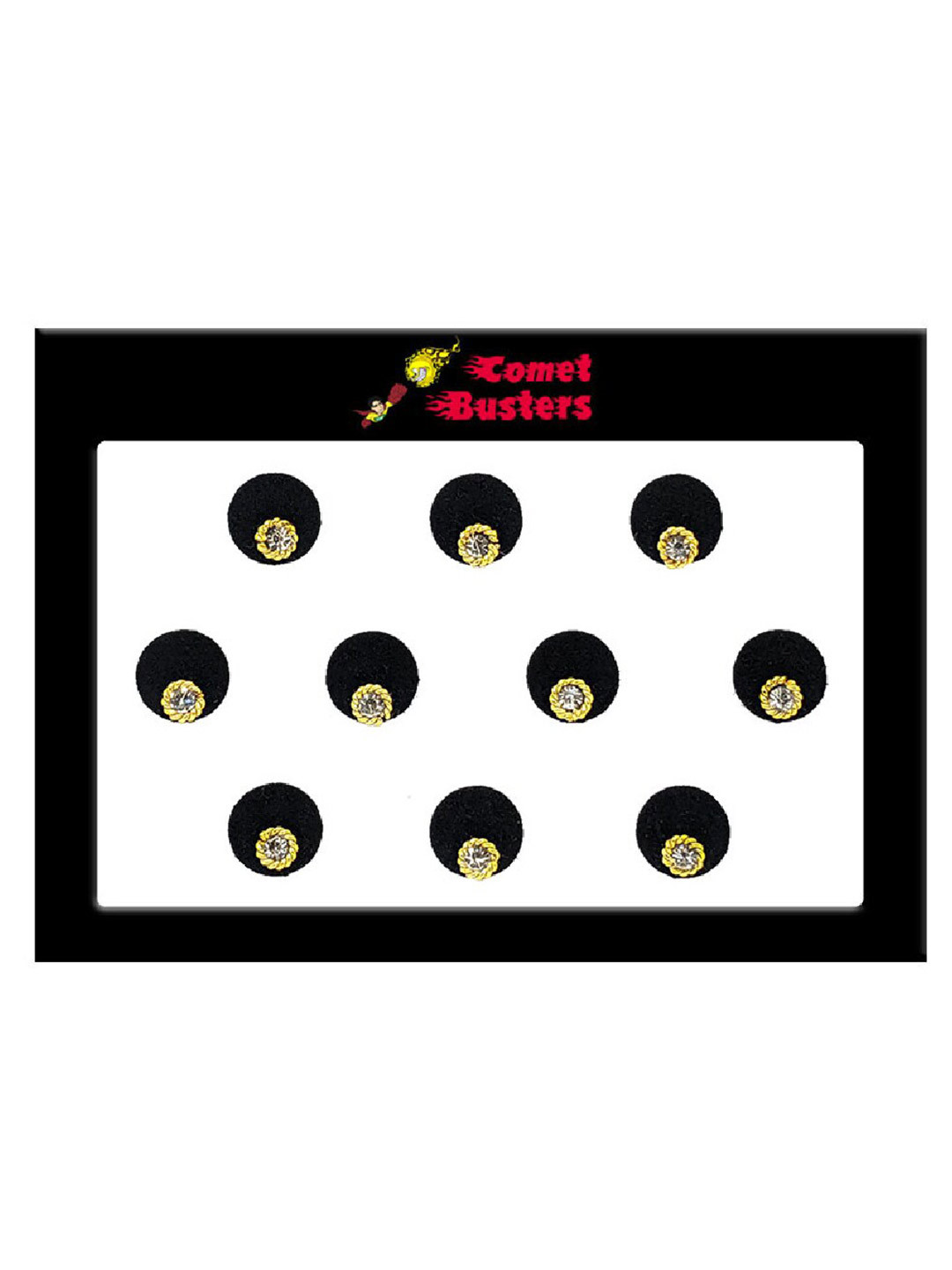 Comet Busters 10 Pcs Embellished Reusable Designer Round Bindis - Black