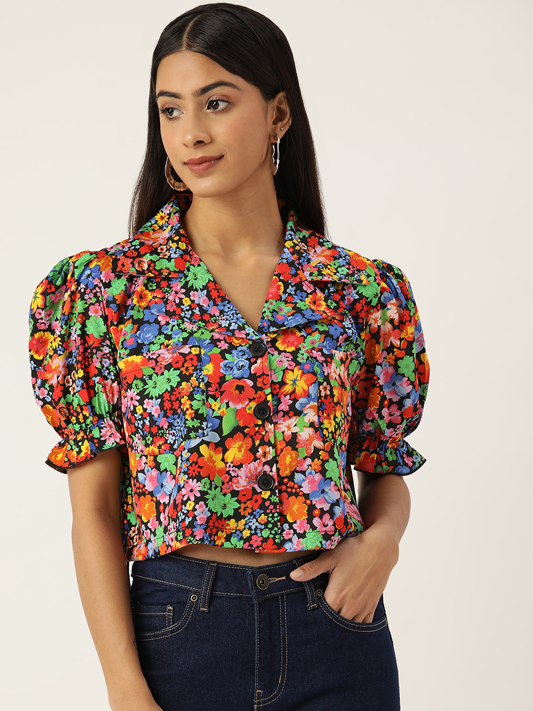 Antheaa Women Comfort Boxy Floral Printed Crop Shirt