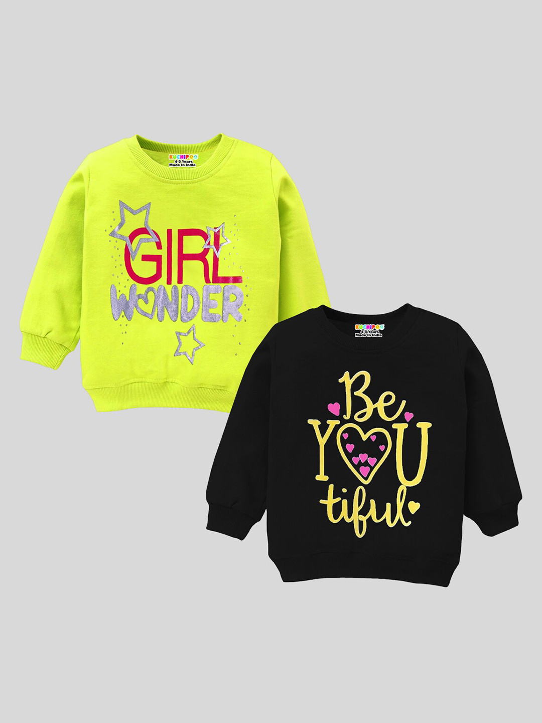 KUCHIPOO Girls Pack of 2 Lime Green & Black Typography Printed Fleece Sweatshirt