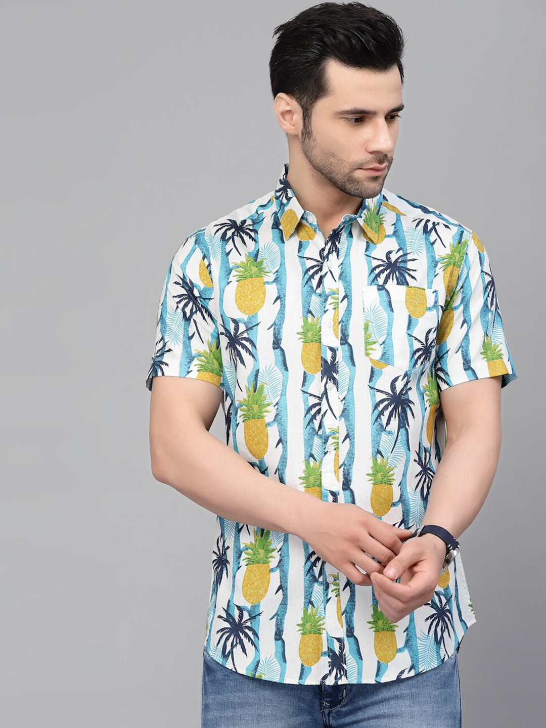 Style Quotient Men White Floral Printed Casual Cotton Shirt
