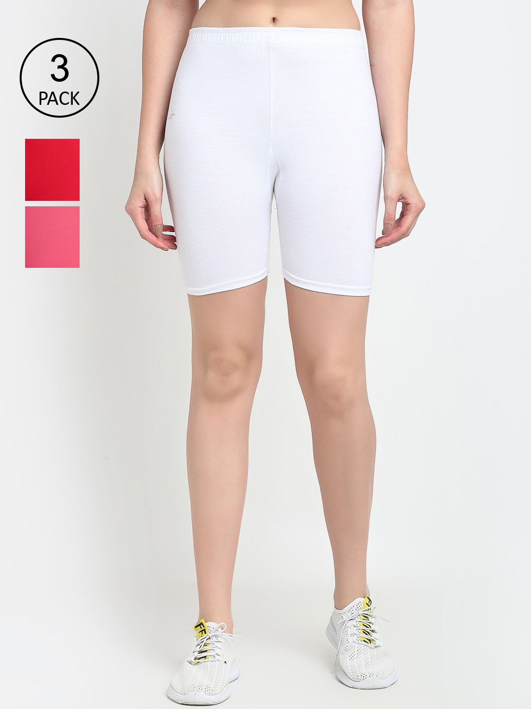 GRACIT Set of 3 Women Red, Pink & White Solid Cycling Sports Cotton Shorts