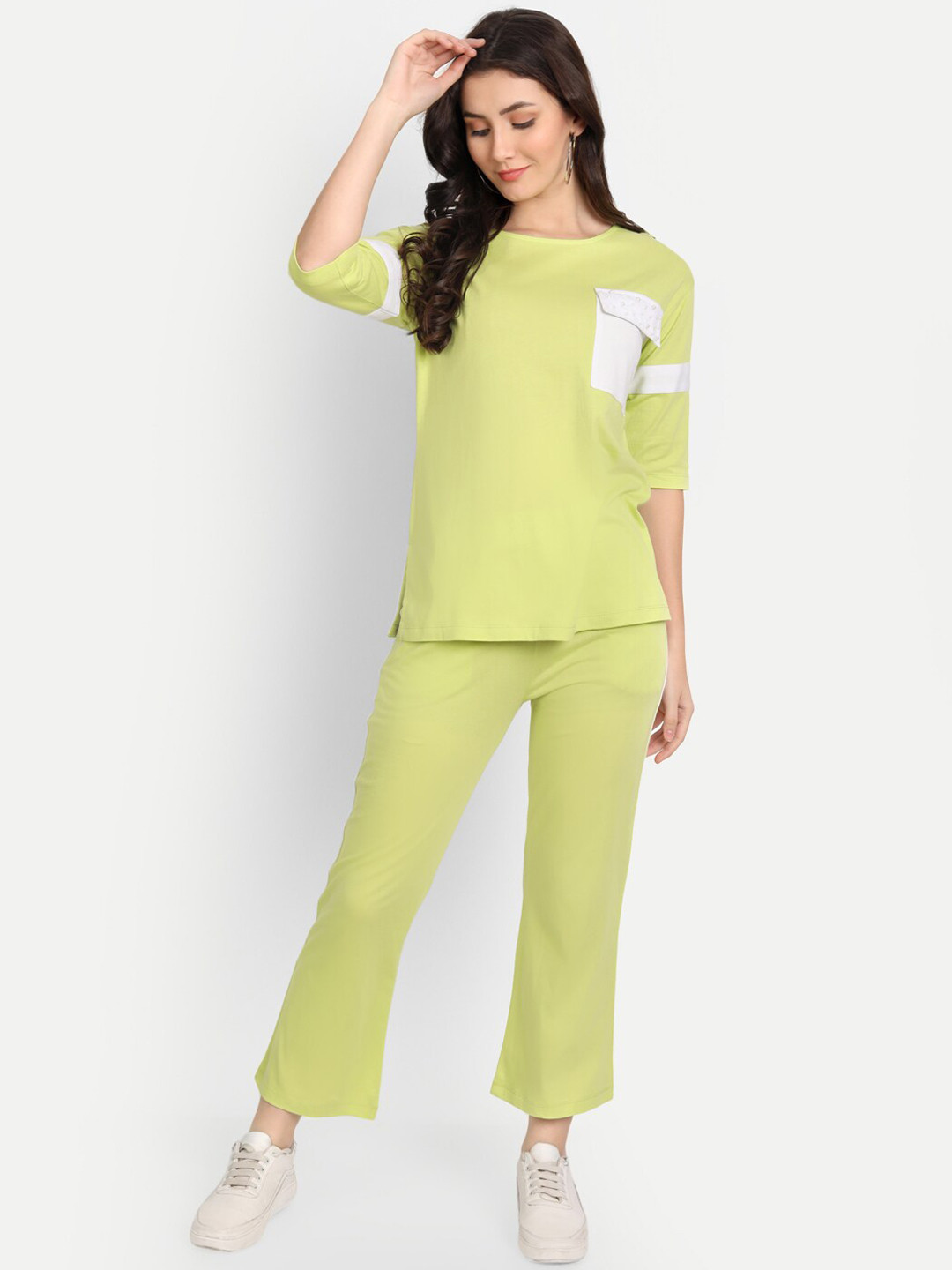 Sttavoss Women Oomps Lime Green & White Solid Pure Cotton Co-Ords