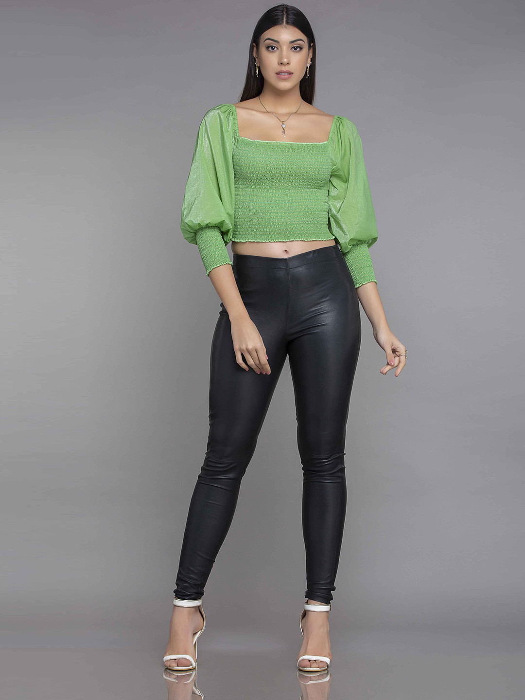 MKOAL Women Green Smocked Crop Top