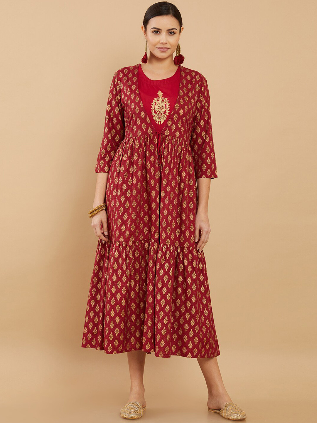 Soch Women Maroon Embroidered Ethnic Dress With Shrug