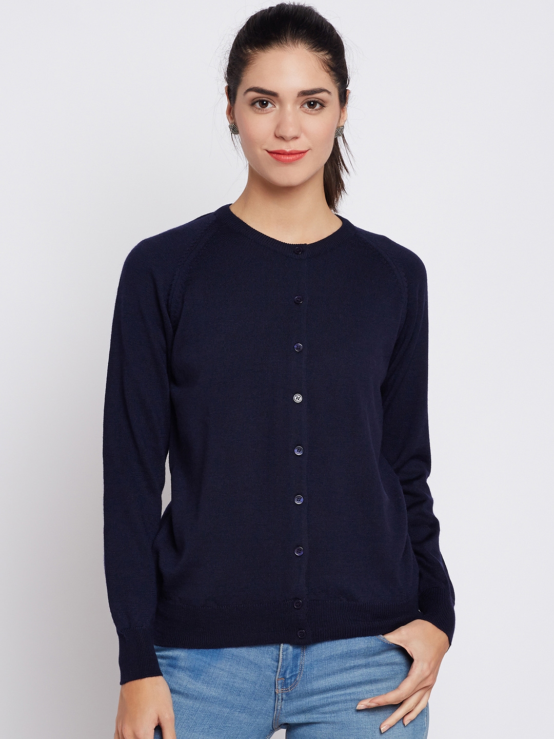Monte Carlo Women Navy Blue Woollen Solid Cardigan Monte Carlo Women Navy Blue Woollen Solid Cardigan