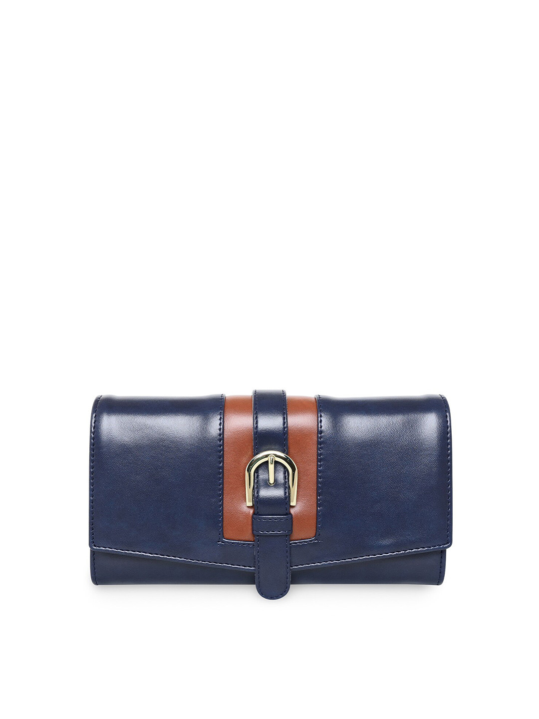 ESBEDA Women Navy Blue & Tan Buckle Detail PU Envelope