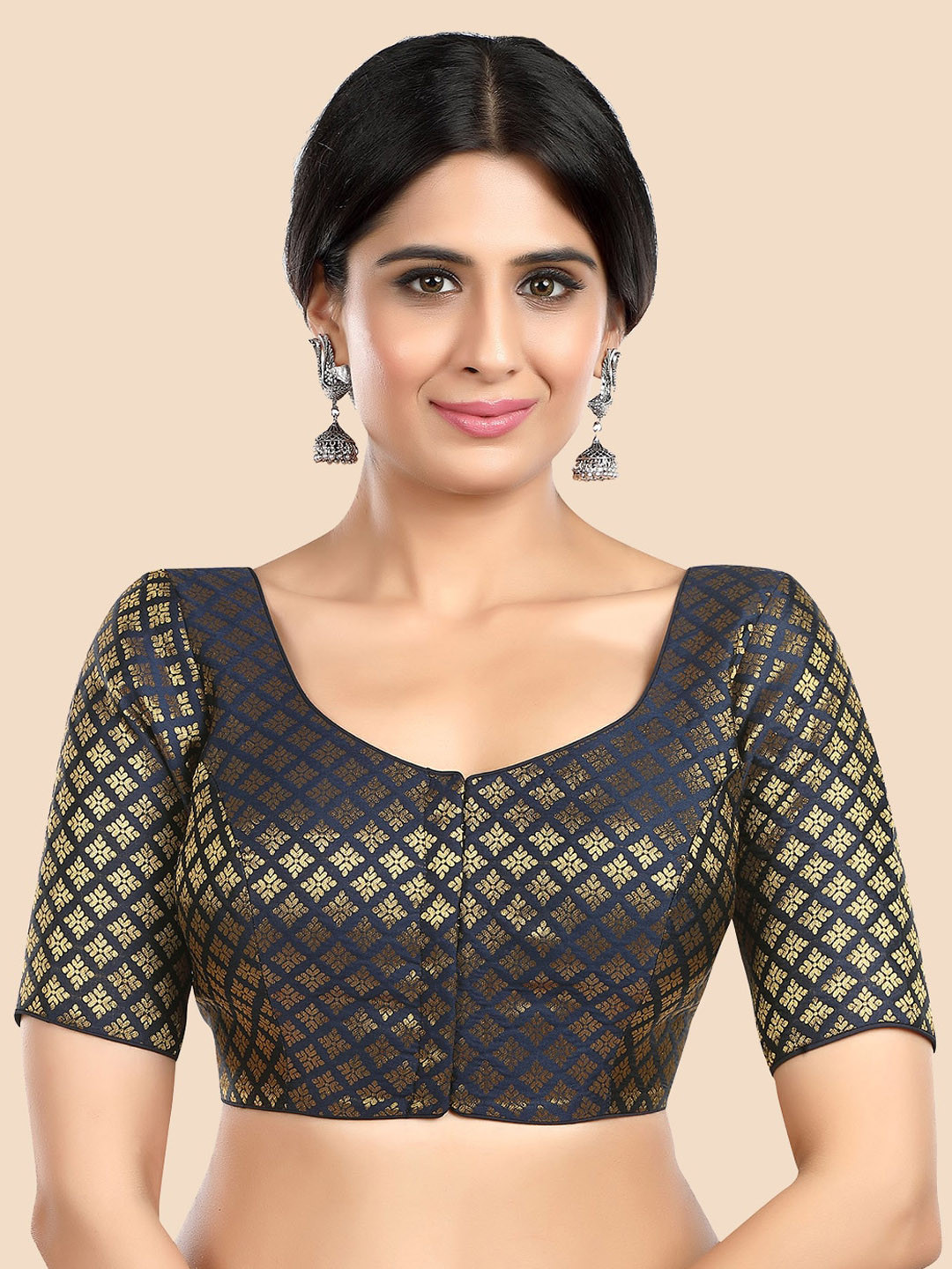 neckbook Navy Blue Woven Design Saree Blouse