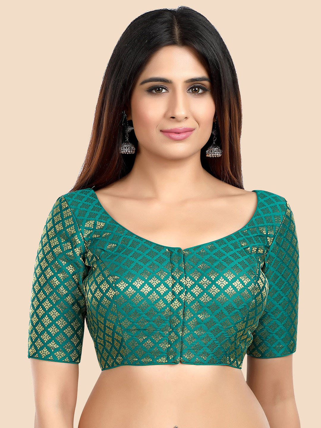 neckbook Green Woven-Design Brocade Saree Blouse
