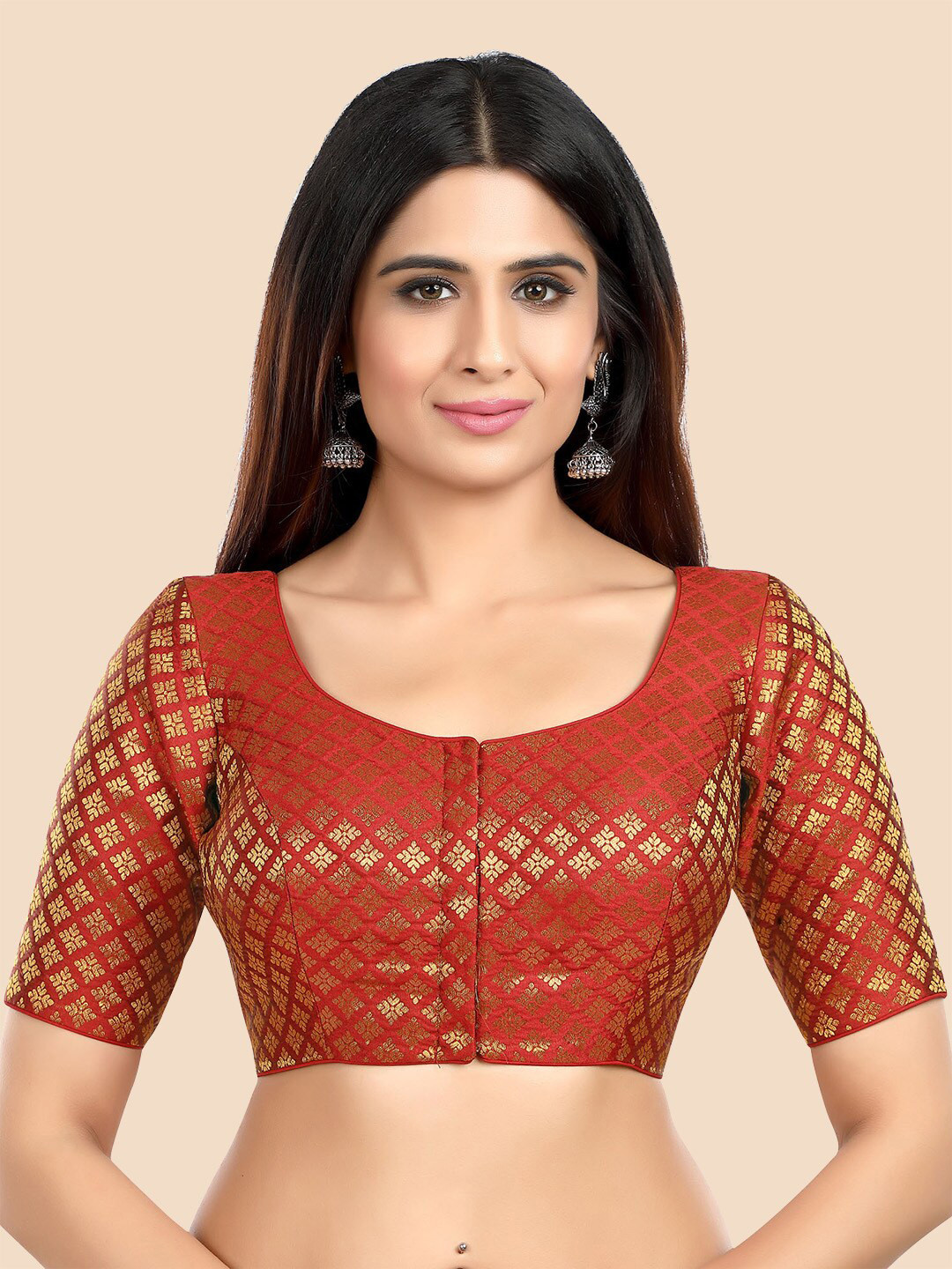 neckbook Women Maroon Woven Design Brocade Readymade Saree Blouse