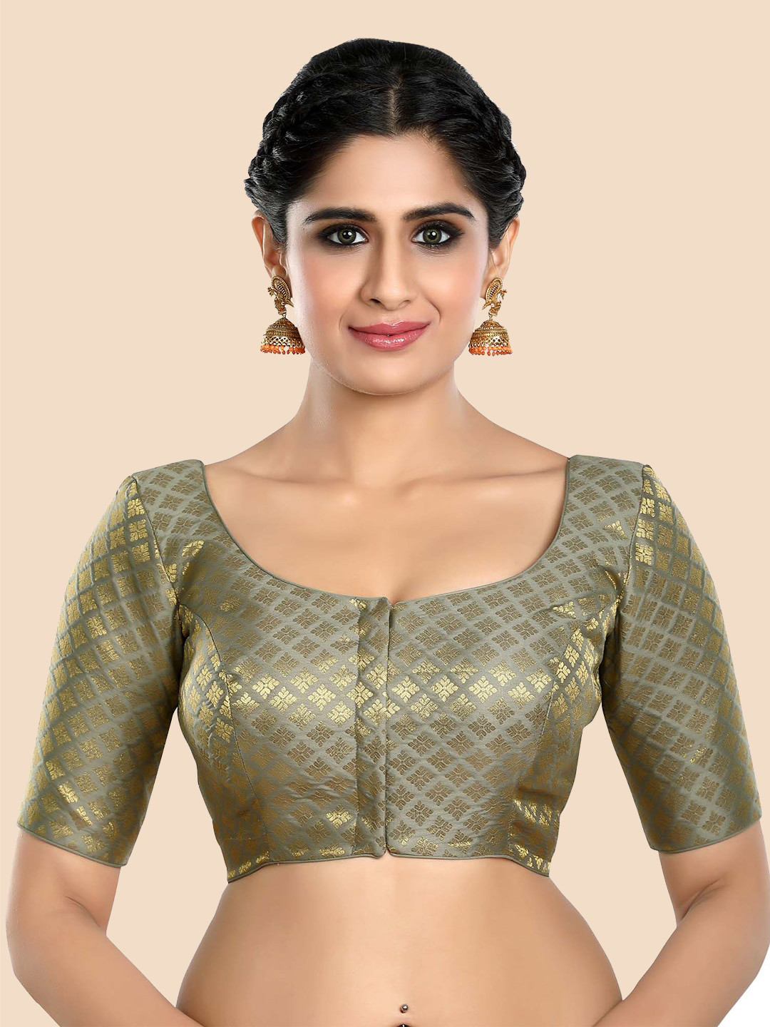 neckbook Women Grey Woven Design Princess Cut Padded Saree Blouse