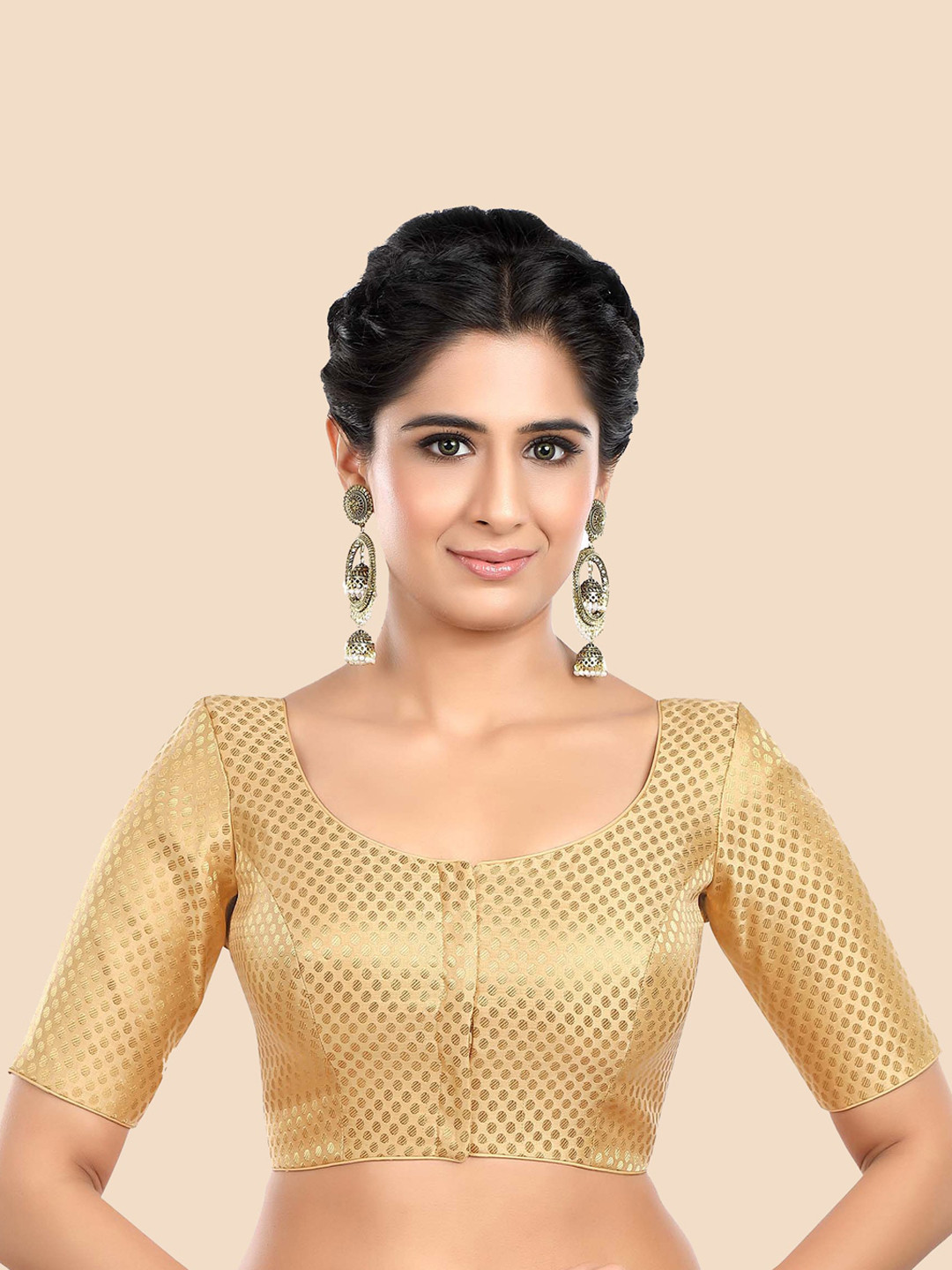 neckbook Women Gold-Colored Woven Design Brocade Saree Blouse