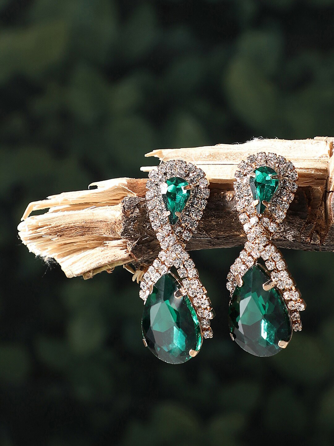 SOHI Green Gold Plated Teardrop Shaped Drop Earrings
