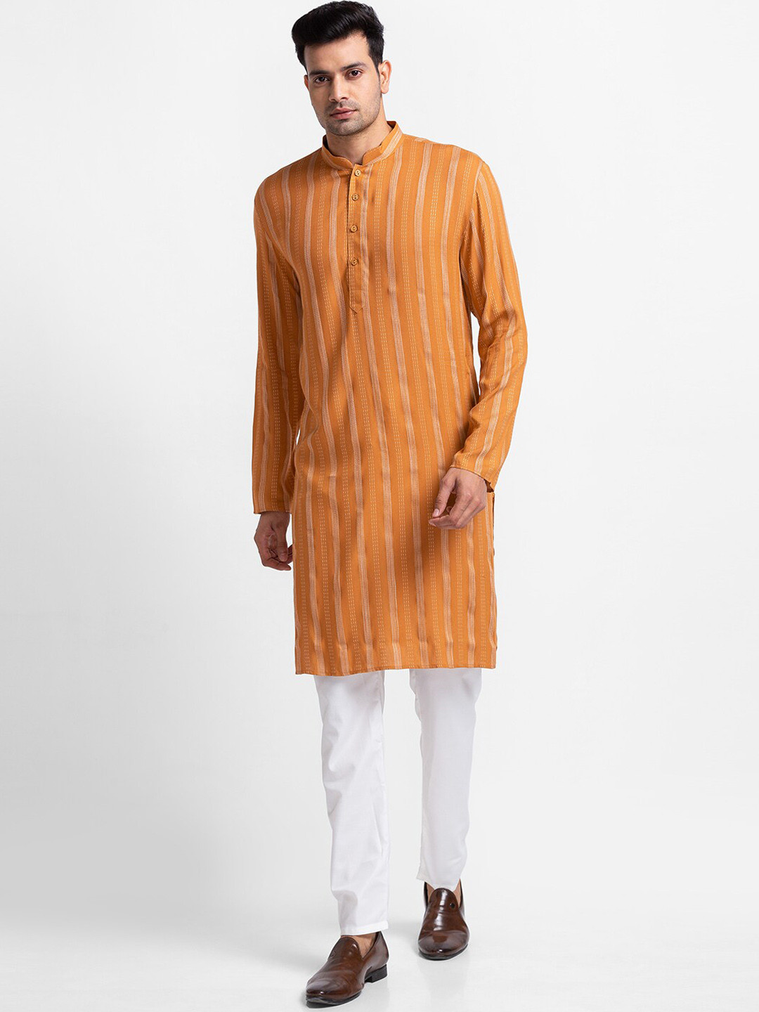 SARVAMOHAN Men Brown Striped Straight Kurta with Pyjamas