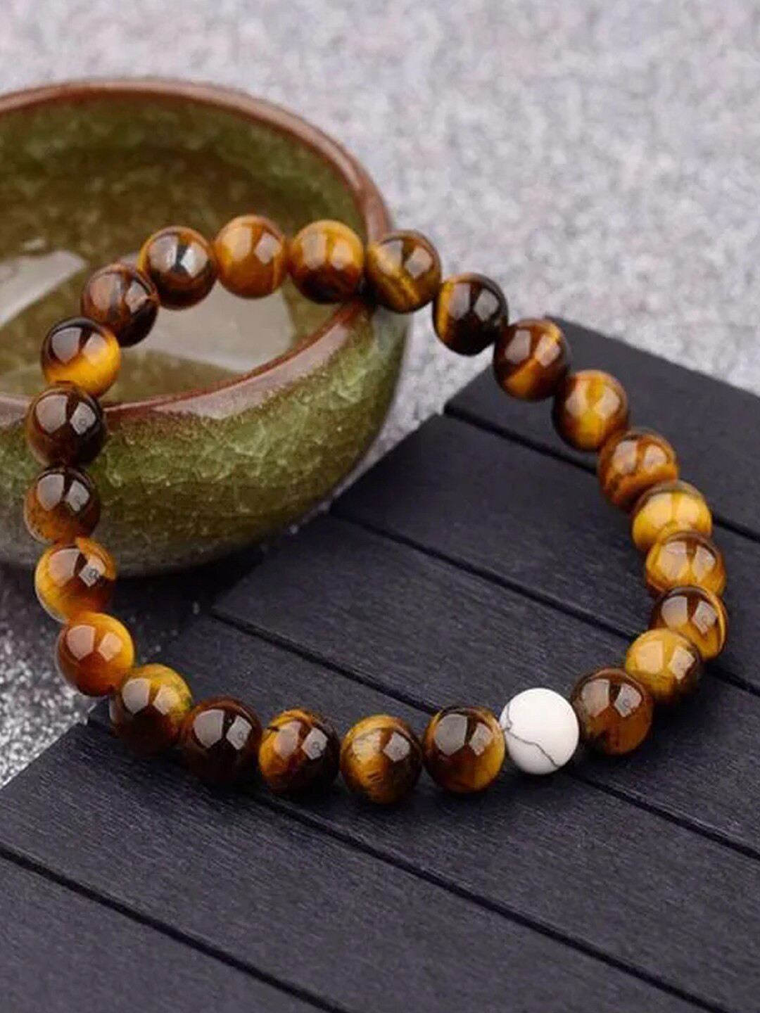 Young & Forever Pack of 2 Brown & White Brass Tiger Eye Couple Bracelet Set