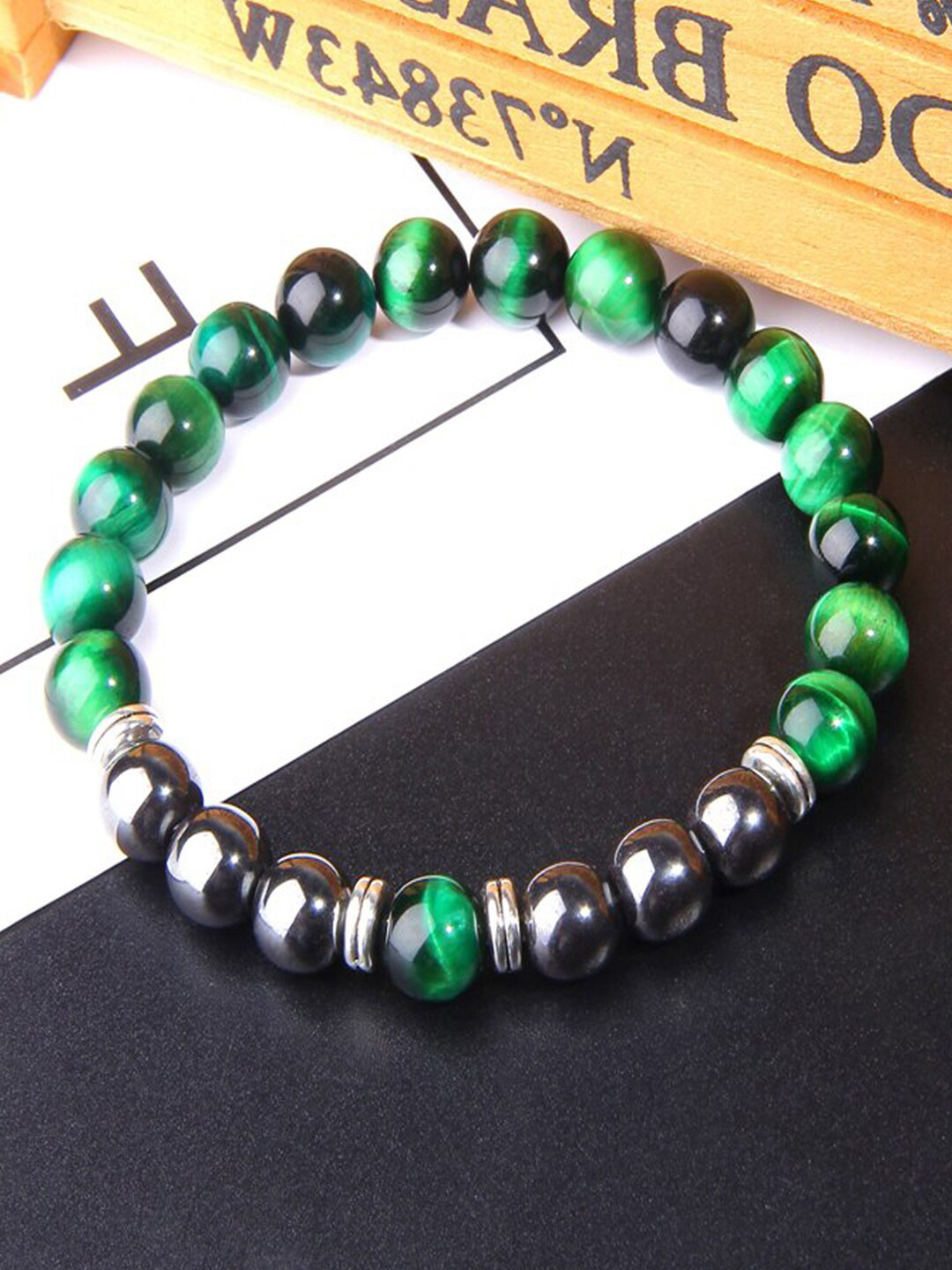 Young & Forever Unisex Green & Black Brass Tigers Eye Handcrafted Brass-Plated Bracelet