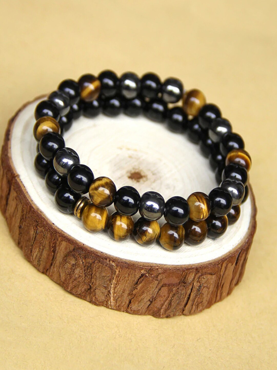 Young & Forever Unisex 2 Brown & Black Brass Tigers Eye Handcrafted Bracelet