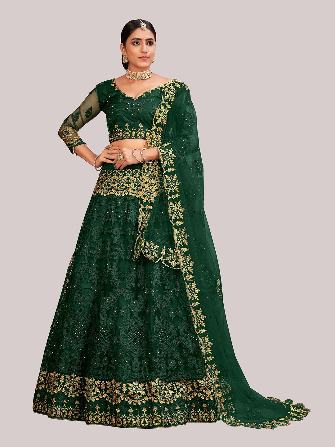 Warthy Ent Green & Gold-Toned Embroidered Thread Work Semi-Stitched Lehenga Choli Set