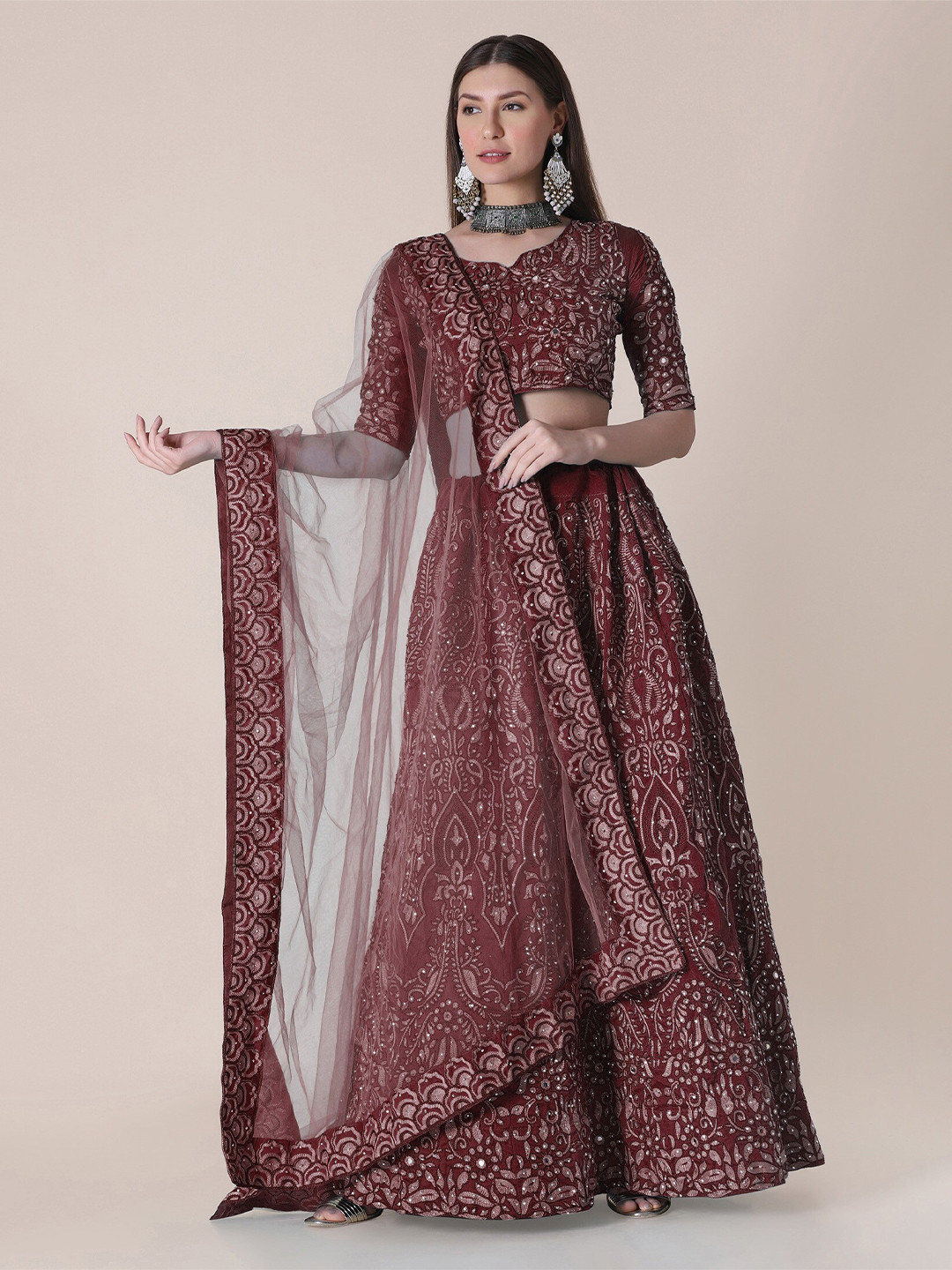 Warthy Ent Maroon & White Embroidered Thread Work Semi-Stitched Lehenga & Unstitched Blouse With Dupatta