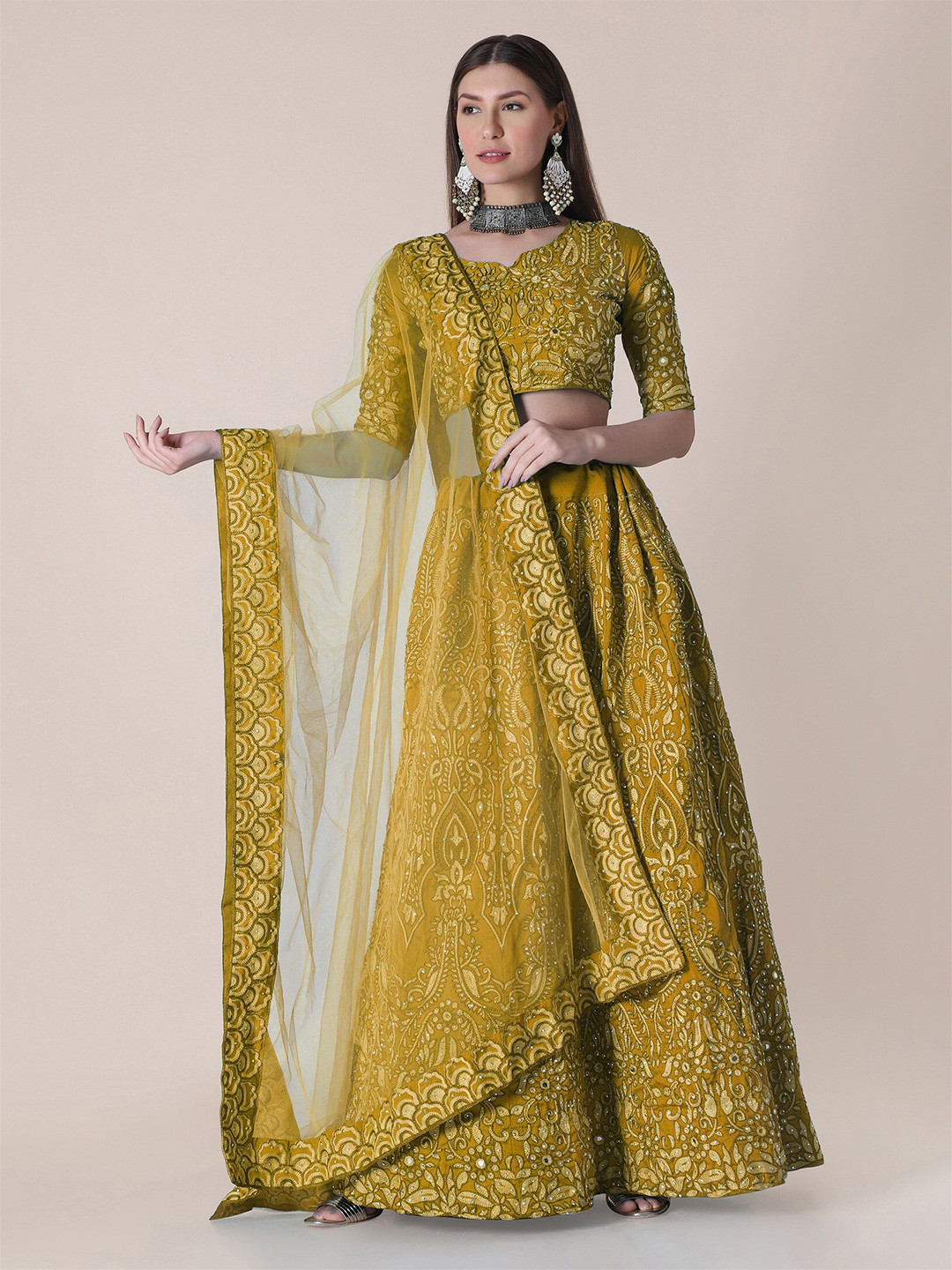 Warthy Ent Yellow & Black Embroidered Thread Work Semi-Stitched Lehenga & Unstitched Blouse With Dupatta